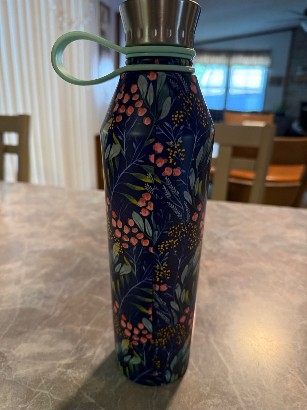 Insulated Navy Floral Water Bottle with Mint Handle
